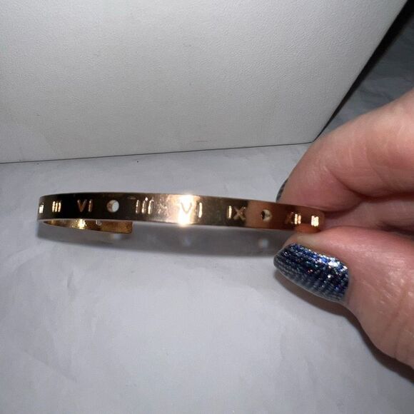 Gold Tone Roman Numeral Skinny Cuff Bracelet - Picture 4 of 6